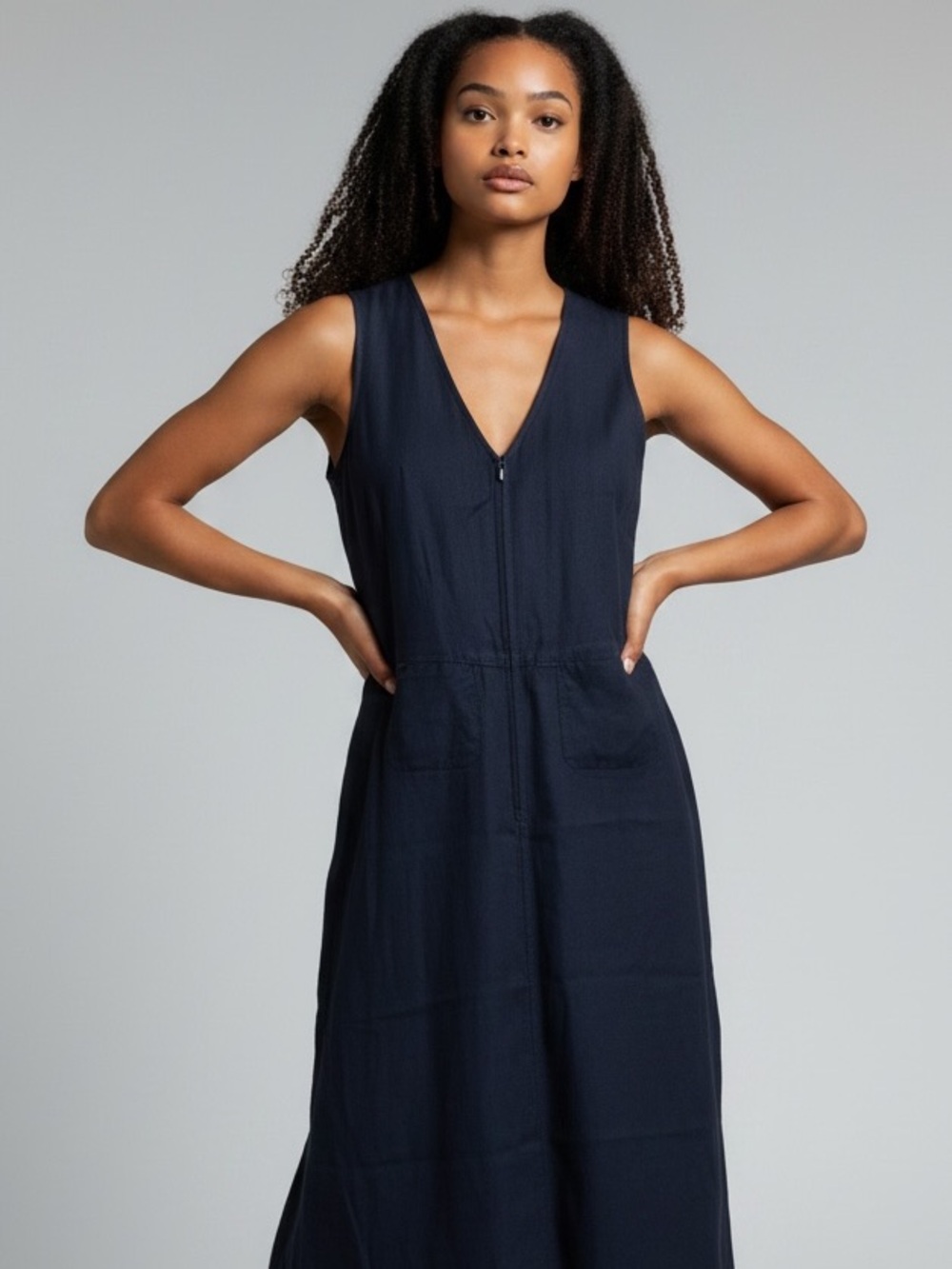 Jil Sander Navy Linen Blend Maxi Dress Sleeveless Zip Front Pockets Size M 8 10